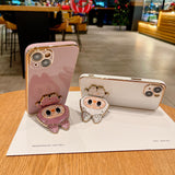 Labubu Cartoon Mirror Phone Stand with Makeup Mirror, Portable Foldable 360° Rotatable, Adjustable Mobile Holder